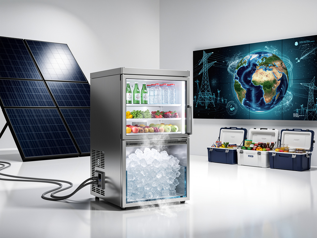 Solar-powered commercial refrigerator with ice, drinks, produce, portable coolers, and global energy display
