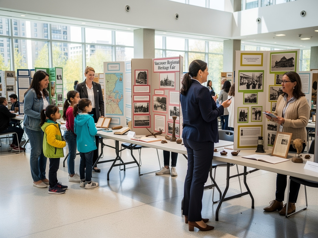 Families and presenters exploring Vancouver Regional Heritage Fair exhibits in a bright community hall