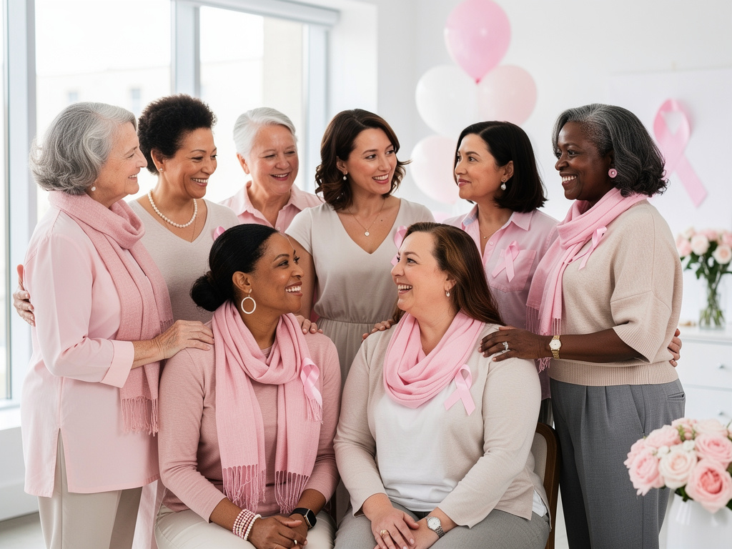 Breast cancer support group in a wellness center with women wearing headscarves, wigs and bras displayed on shelves Breast cancer support group in a wellness center with women wearing headscarves, wigs and bras displayed on shelves