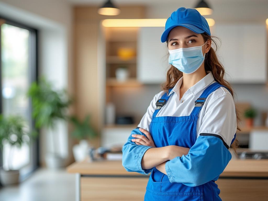 Junge Frau im blauen Overall und Kappe, mit medizinischer Maske im modernen Innenraum.