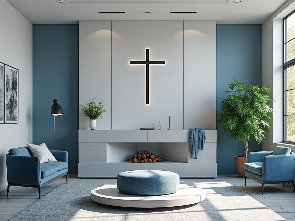 Salon moderne avec décoration minimaliste, croix éclairée au mur, meubles bleus, plantes et lumière naturelle.
