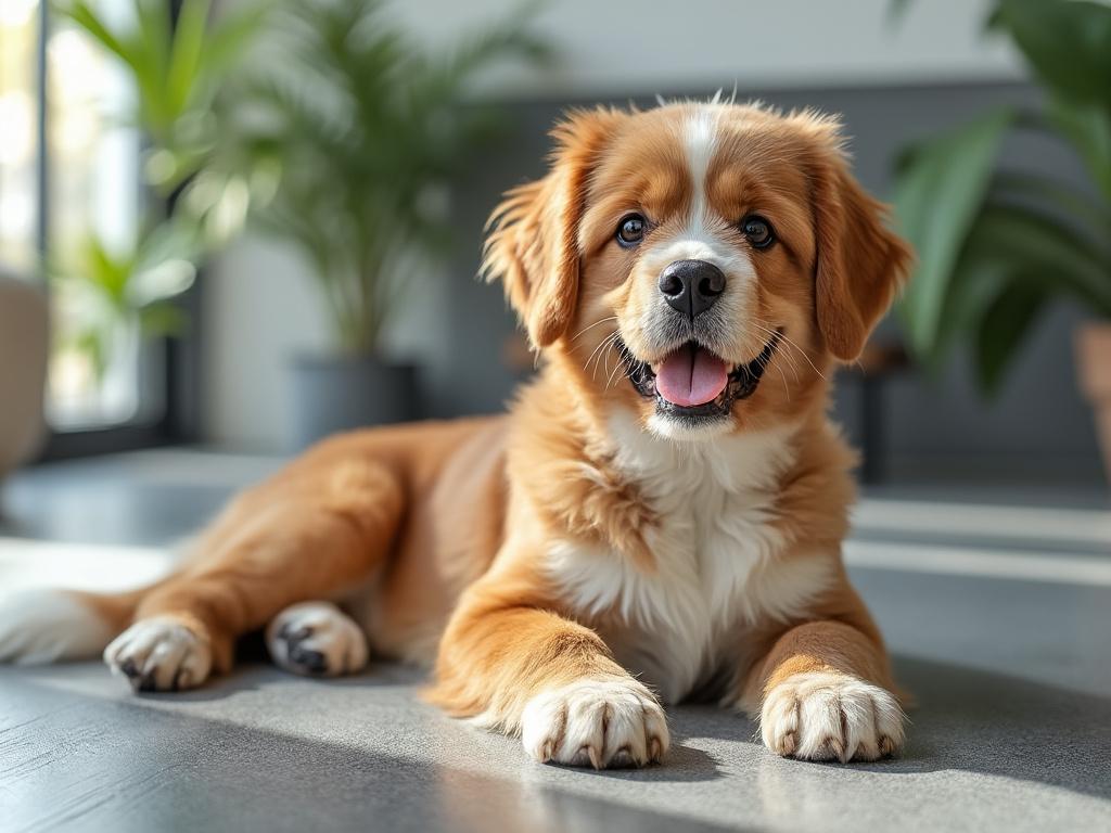 Perro marrón y blanco tumbado en el suelo con plantas de fondo.