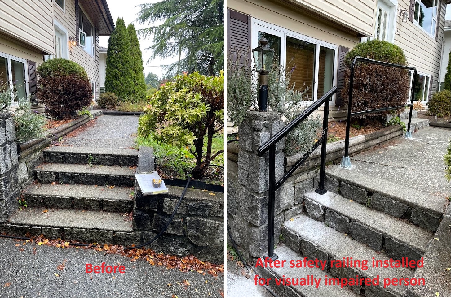 Installing safety railing for visually impaired person