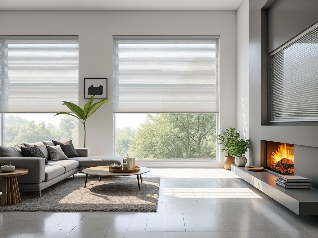 Modern living room with large windows, comfortable gray sofa, indoor plants, and a fireplace on a sunny day.