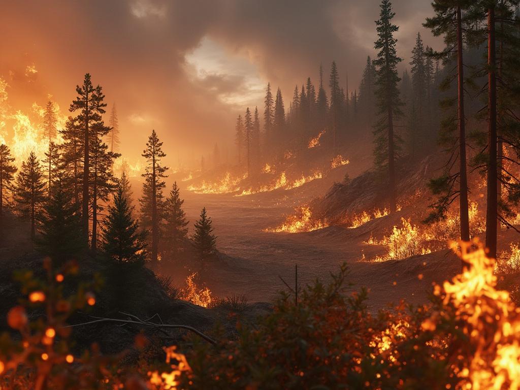 Forest wildfire with trees and intense flames under a smoky sky.
