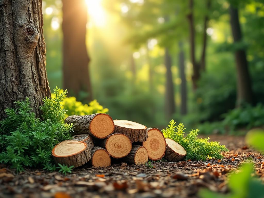 Stack of cut tree logs next to a tree trunk in a sunlit forest with green foliage.