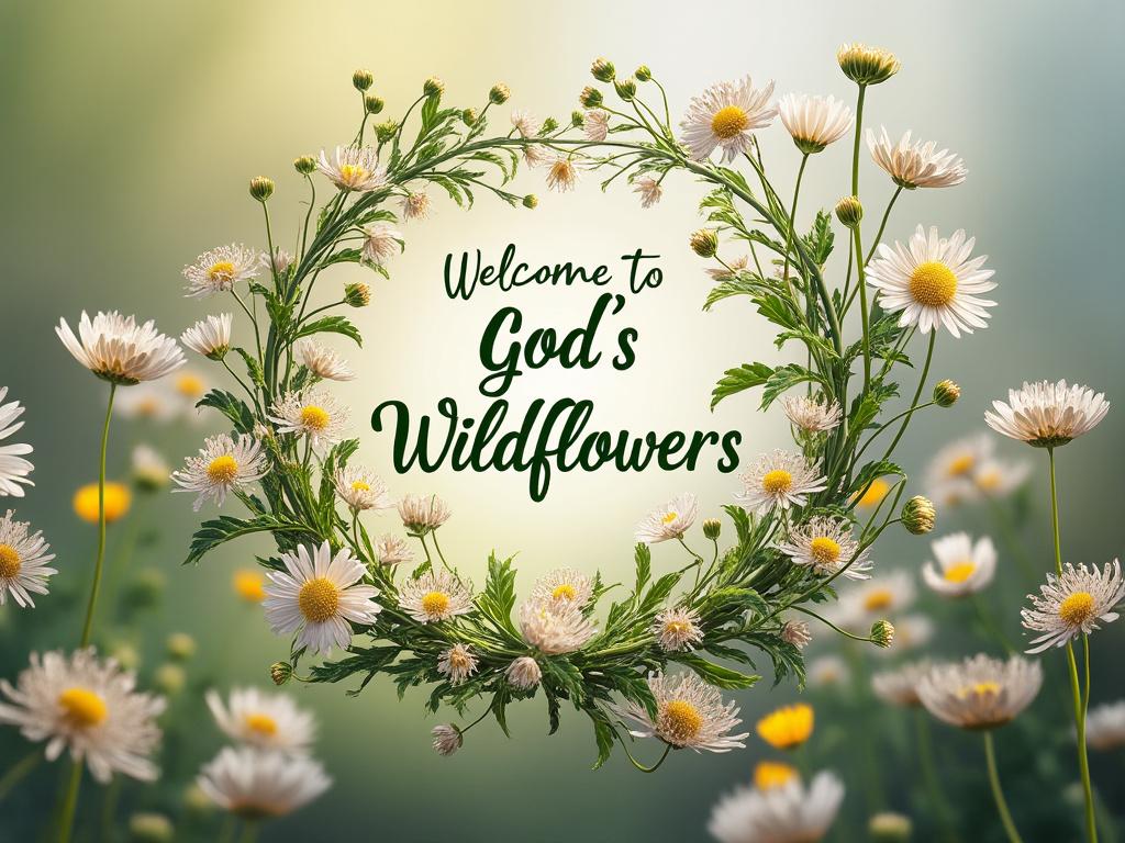 Floral wreath with daisies encircling the text 'Welcome to God's Wildflowers' on a blurred natural background.