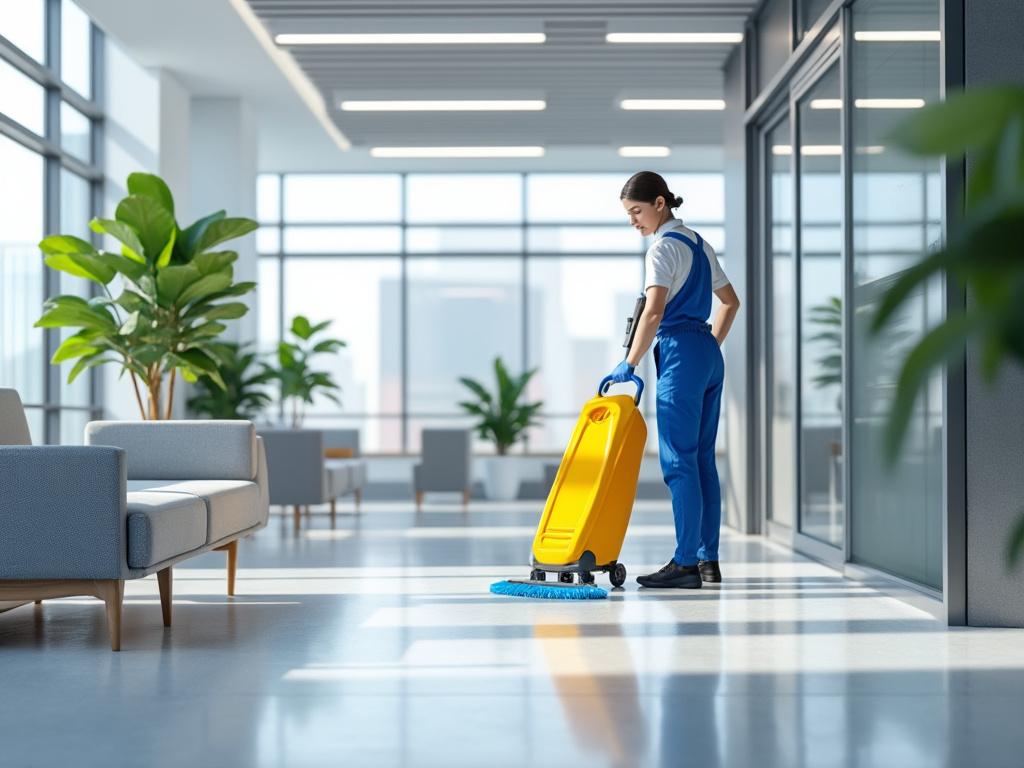 Femme de ménage en uniforme bleu nettoyant le sol avec un chariot jaune dans un bureau moderne et lumineux, décoré avec des plantes vertes et des canapés gris.