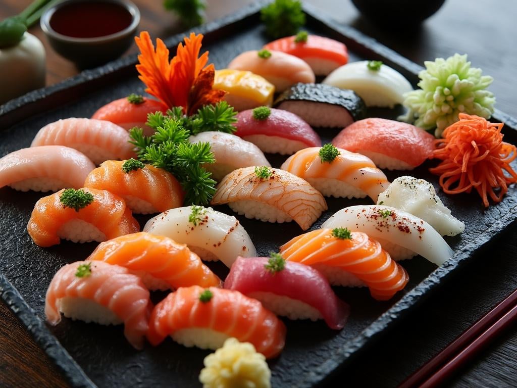 Assorted sushi platter with nigiri topped with salmon, tuna, and shrimp, garnished with herbs and vegetables on a decorative plate. Assorted sushi platter with nigiri topped with salmon, tuna, and shrimp, garnished with herbs and vegetables on a decorative plate.