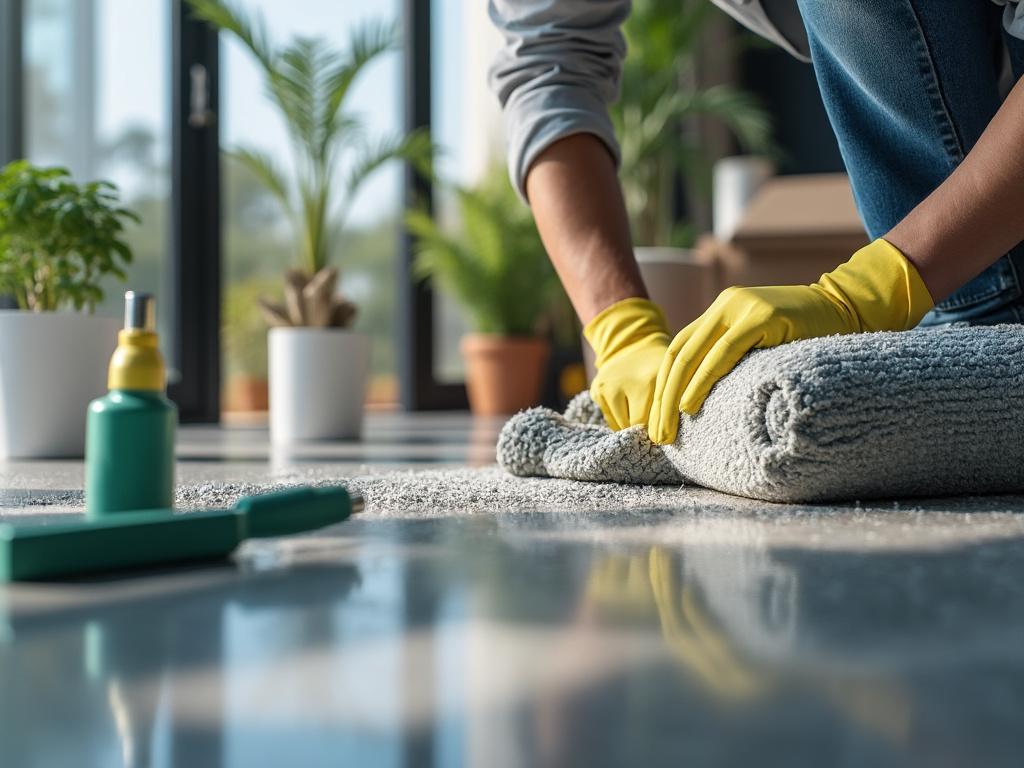 Person mit gelben Handschuhen reinigt Teppich mit Reinigungsutensilien, Pflanzen im Hintergrund