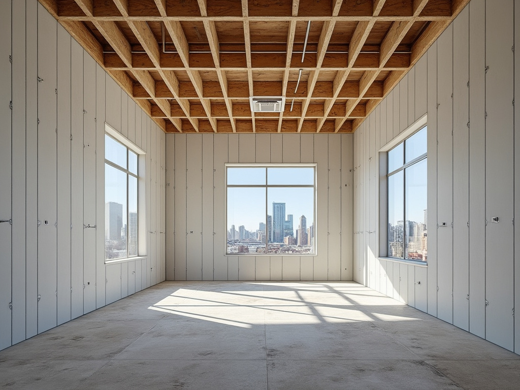 Unfinished commercial interior with exposed wooden ceiling grid, drywall walls, large windows, and city skyline view