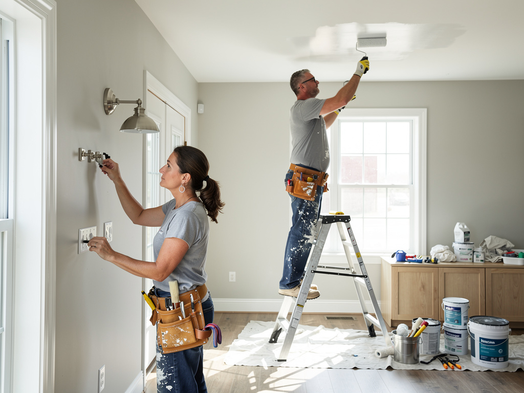 Professional painters renovating a room, painting ceiling and installing wall light fixture Professional painters renovating a room, painting ceiling and installing wall light fixture