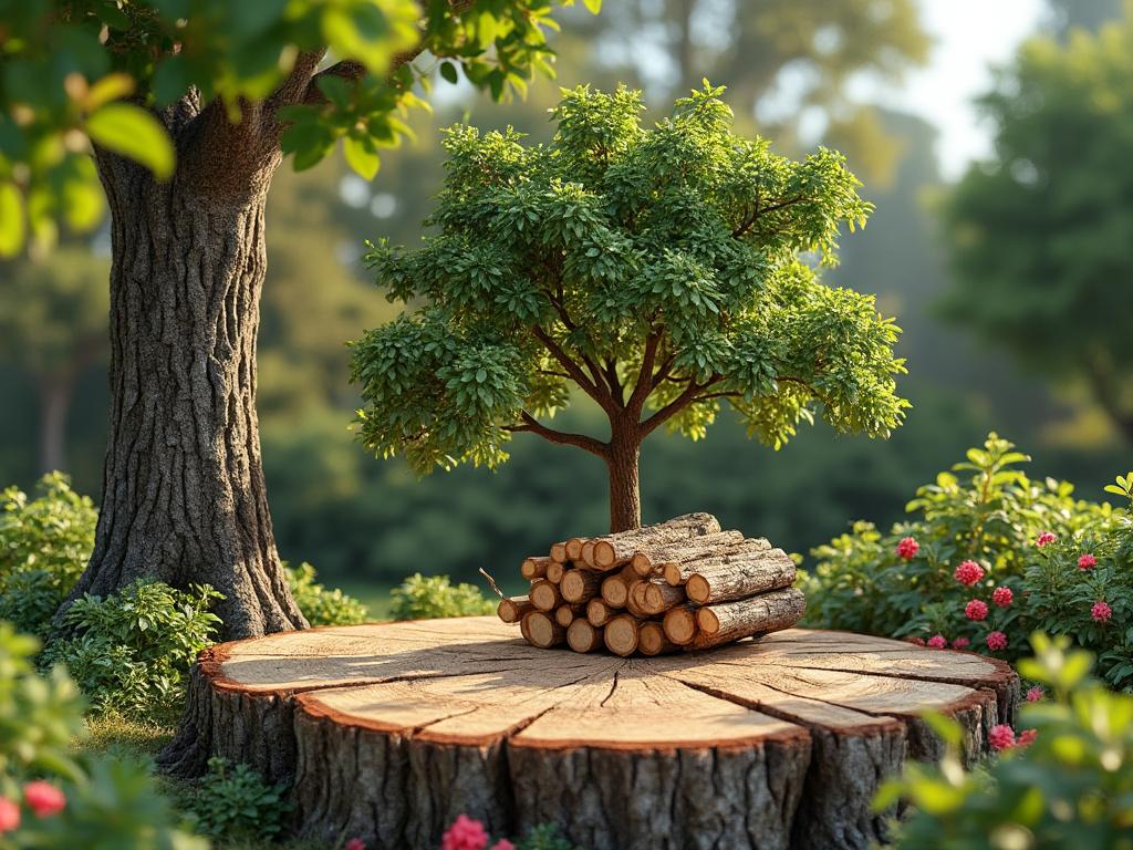 Tree stump with small logs and a growing sapling in a lush garden.
