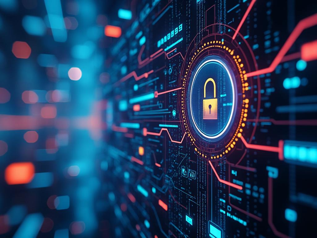Digital security concept with a glowing padlock symbol on a futuristic technological background.