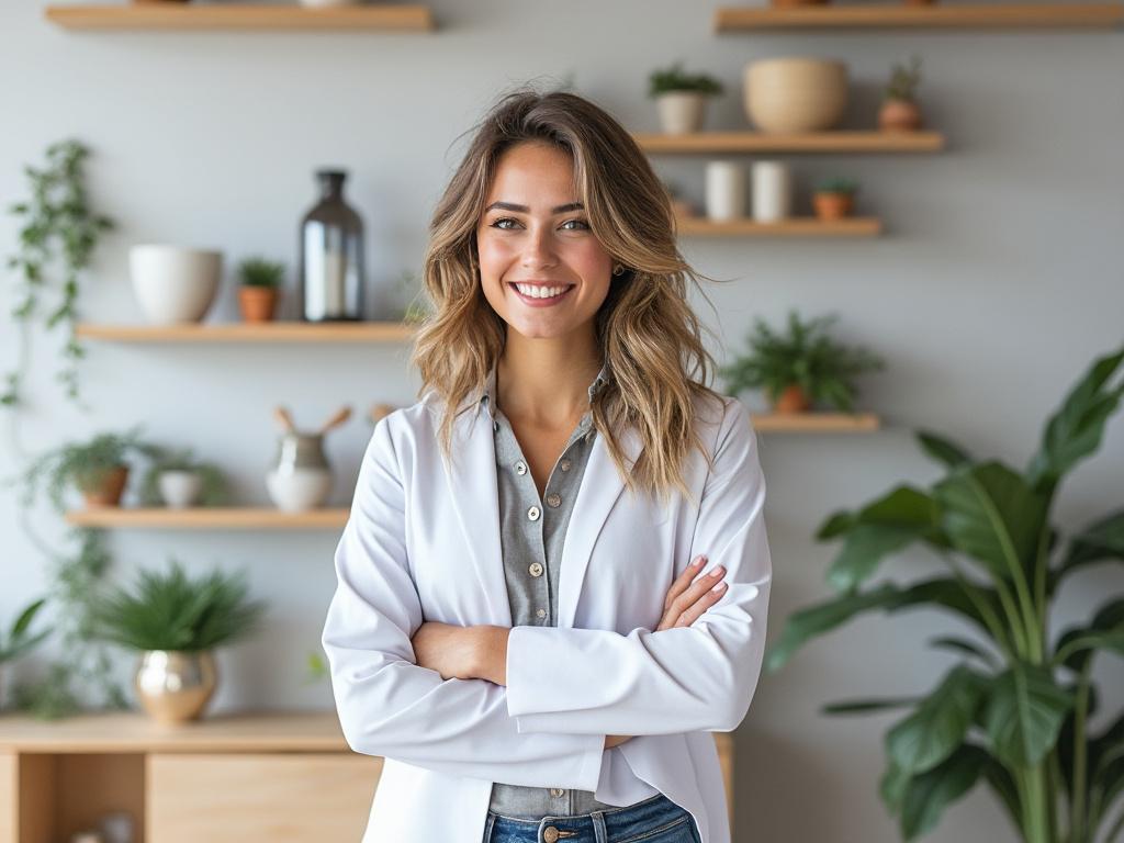 Smiling woman with crossed arms in a modern office with plants and shelves.