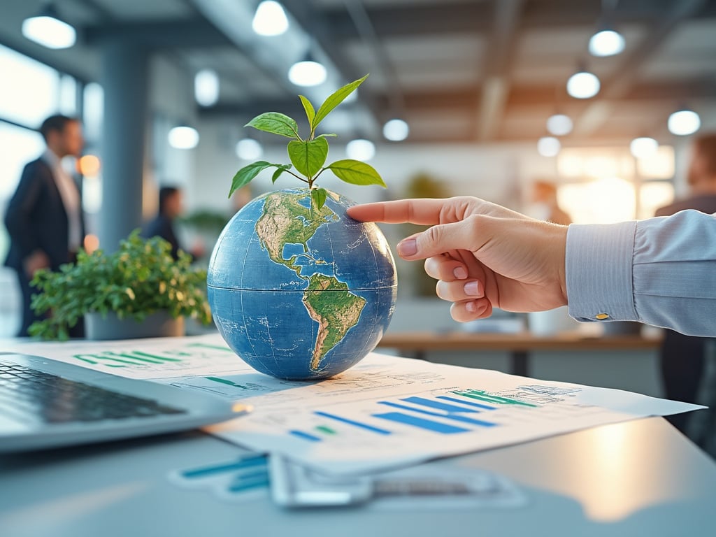 Businessman touches small globe with plant sprout on top, symbolizing global environmental growth, in modern office.