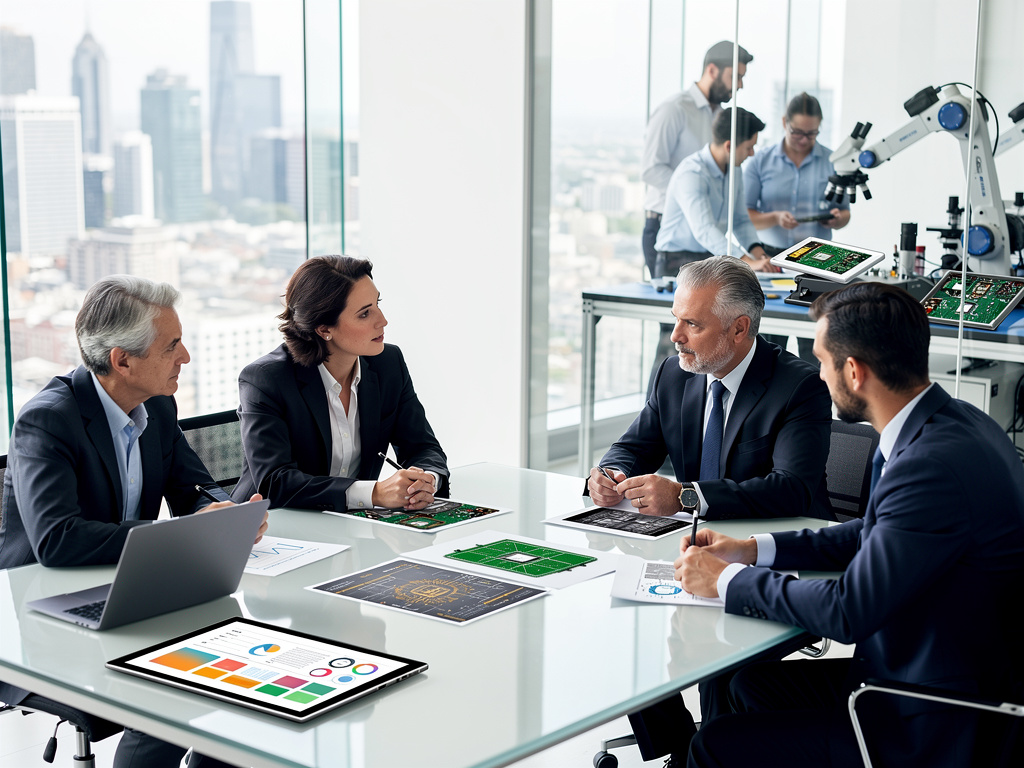 Business executives discussing circuit board technology in modern office with electronics engineers working in background