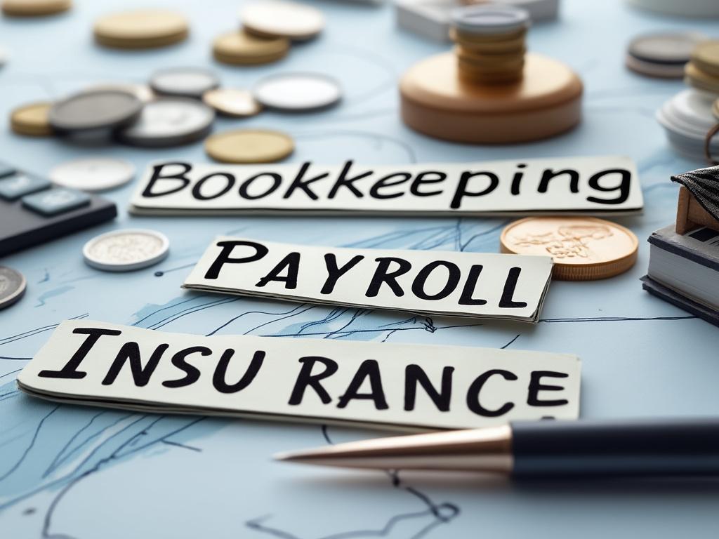 Tags labeled bookkeeping, payroll, and insurance on a desk with coins and a pen.