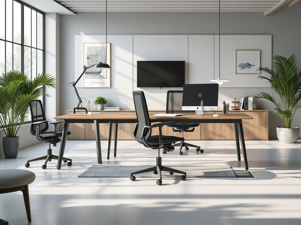 Modern office space with large windows, wooden desk, ergonomic chairs, computer, plants, and minimalist decor.