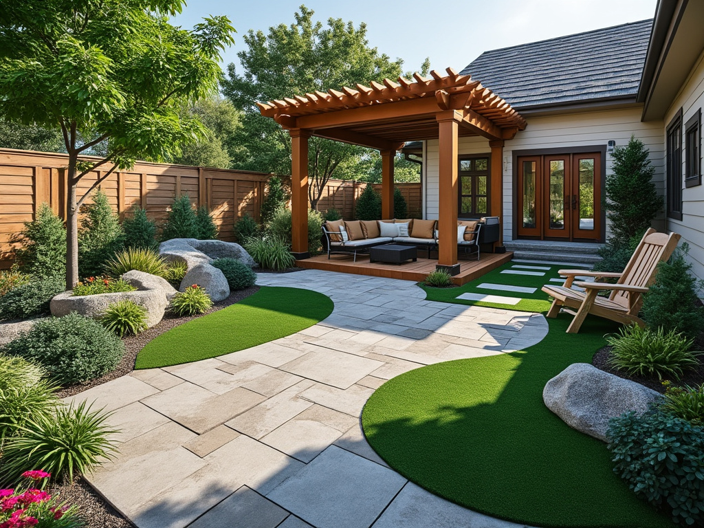 Modern backyard patio with wooden pergola, seating area, stone pathway, and lush landscaping under clear sky.