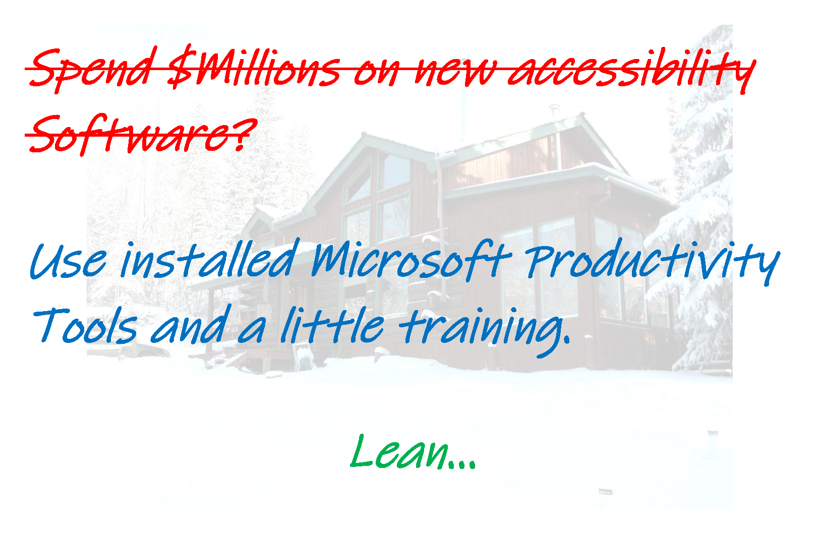 Use installed Microsoft Productivity Tools and a little training.
Lean…