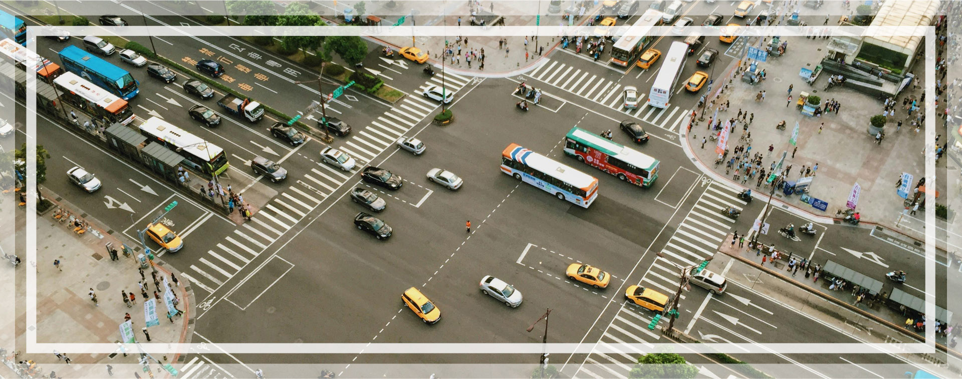 An aerial view of a busy city street