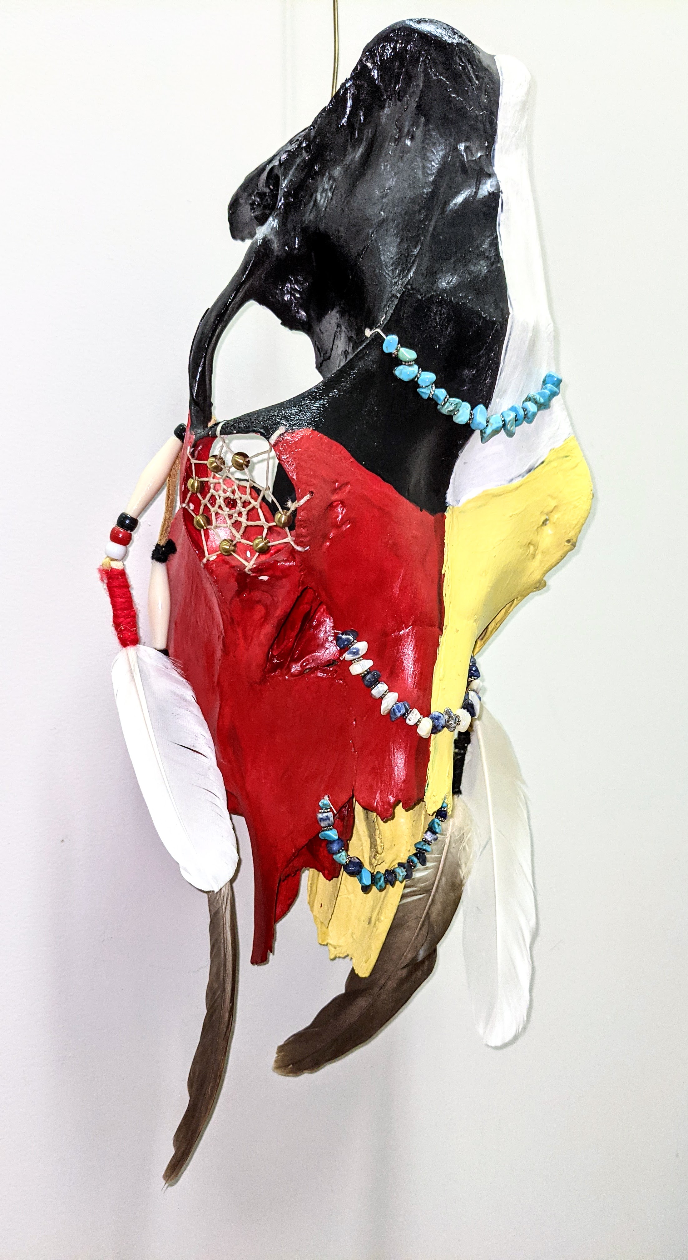 A newer addition to our collection (2018) this beautiful moose skull was kindly donated by Michael Hamelin. The four main colors (Black, white, yellow and red) compose the medicine wheel - each color representing various aspects of life. Today (Oct. 4th) is international animal day which advocates for the humane treatment of animals world wide. Started in 1925 this commemorative day is nearly at its centennial. We felt this skull aligns with this day as it depicts that though moose are commonly hunted for their meat - other parts of the body can be used in various applications - thereby not being wasteful and respecting the animal; a common practice by indigenous nations.

04/10/2021
2018.18.01 / Hamelin, Michael