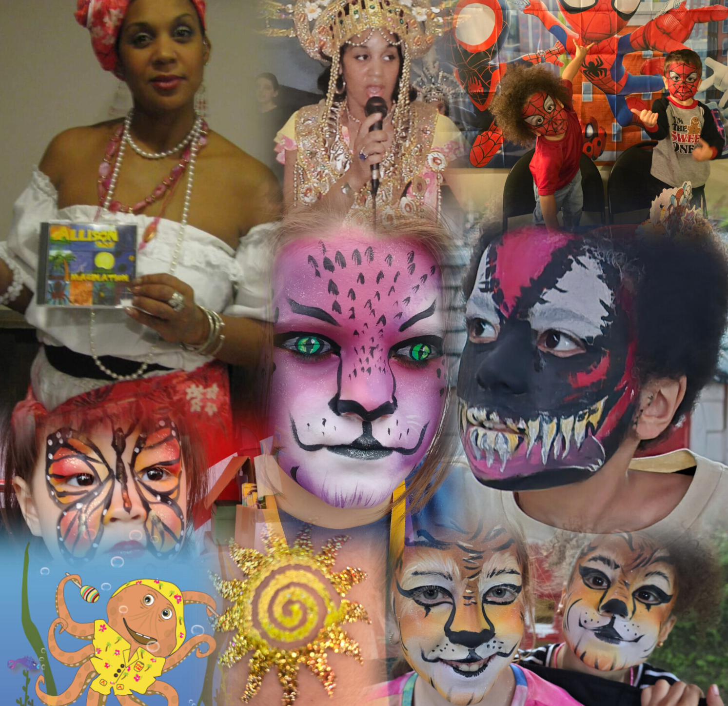 Profile of a woman with colorful face paint and traditional patterned clothing, wearing a vibrant headband and earrings, standing in a room with potted plants and abstract art on the walls.
