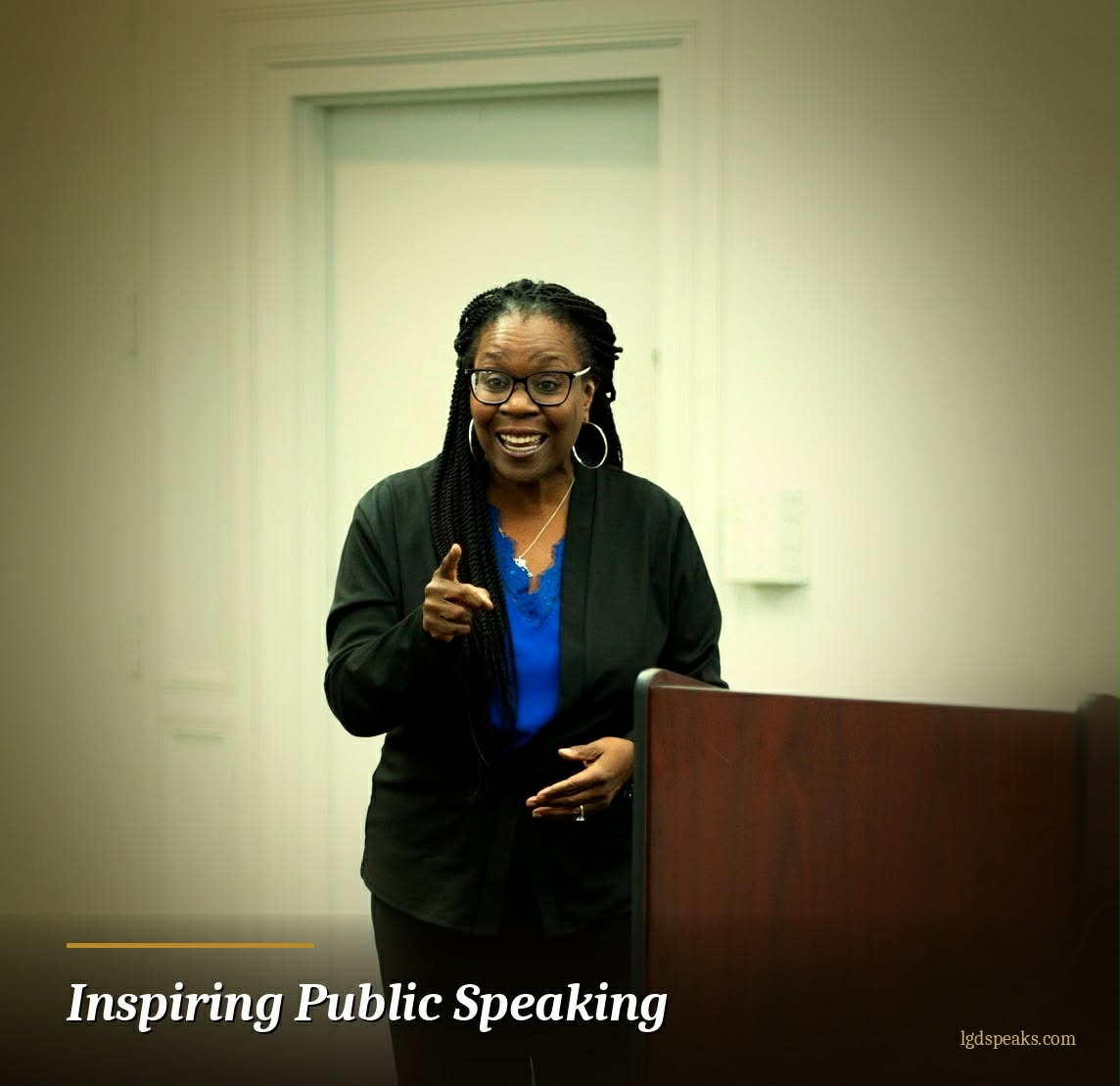 Confident woman delivering an inspiring public speaking presentation at a podium