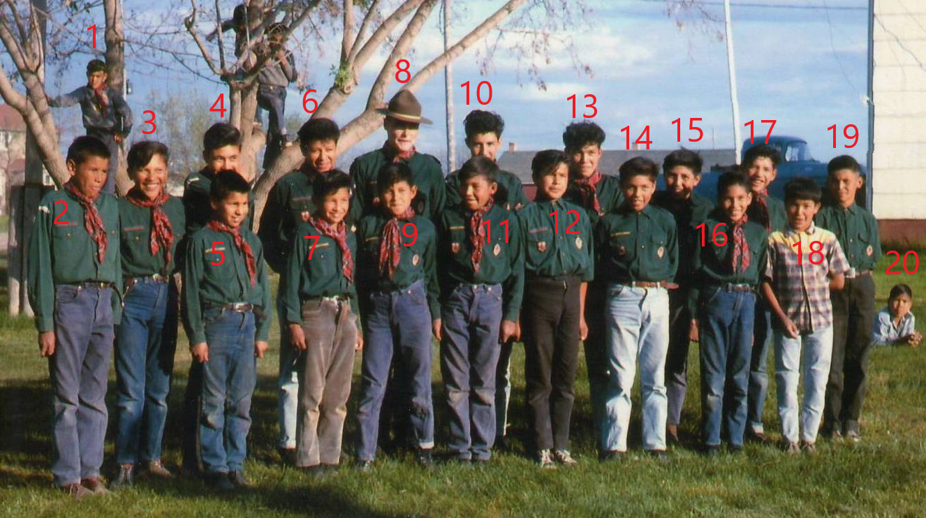 These are the boy Scouts from 1967 posing in their uniforms at the year end campfire and wiener roast hosted at the experimental farm. Mike Rudakewich assisted in leading the boy scouts for a few years and is the photographer of this photo. We have a few guesses as to whom some of the boys may be - but would love your input!
2015.50.05 / Rudakewich, Mike
-EDIT-
4 Roy? 6 Johnson Sewepegaham or Simon Nanooch, 7 Rolly Auger, 9 Bobby Auger, 10 Roderick Blesse, 12 Con Mercredi, 13 Simon Nanooch, 14 Roderick Nanooch, 15 Leonard Nanooch, 17 Charlie Auger