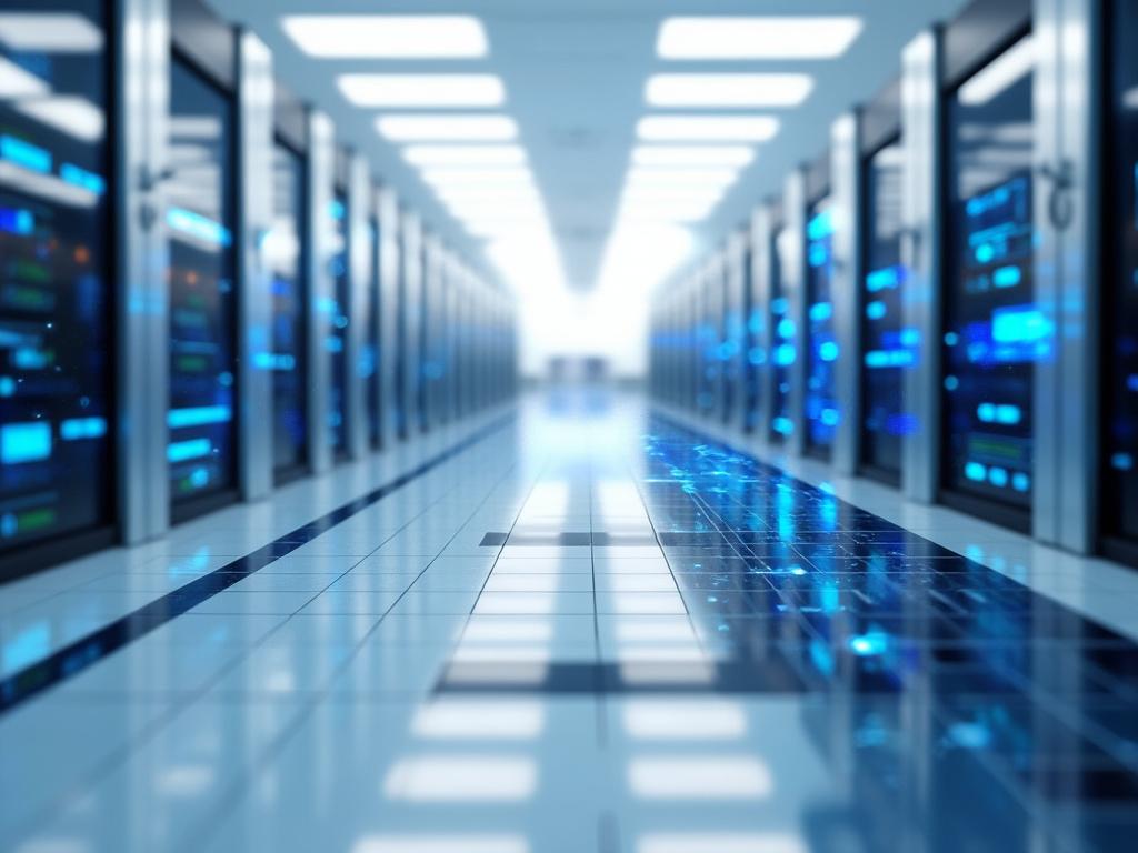 Modern data center with rows of server racks and blue LED lights.