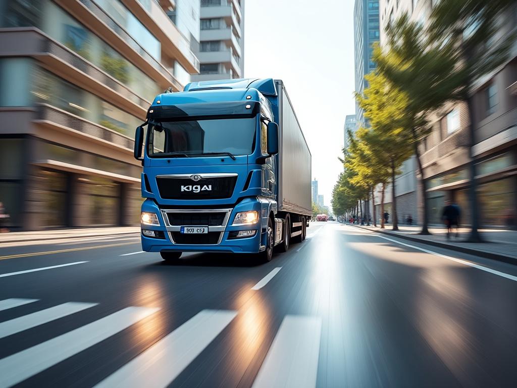 Camion bleu roulant dans une rue urbaine bordée d'immeubles modernes et d'arbres.