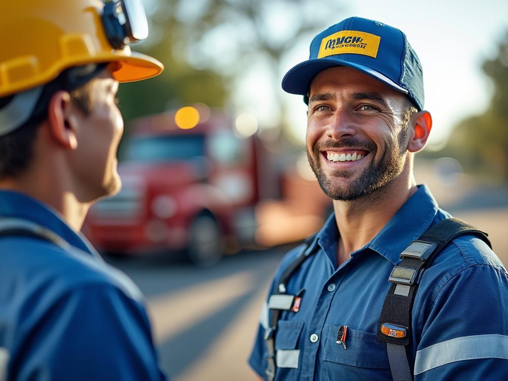 Smiling construction worker in blue uniform and cap interacting with a colleague, with red truck in the background.