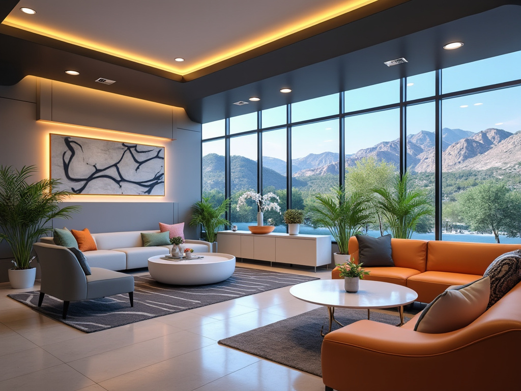 Modern living room with orange and gray furniture, large windows with mountain view, abstract wall art, and lush green plants.
