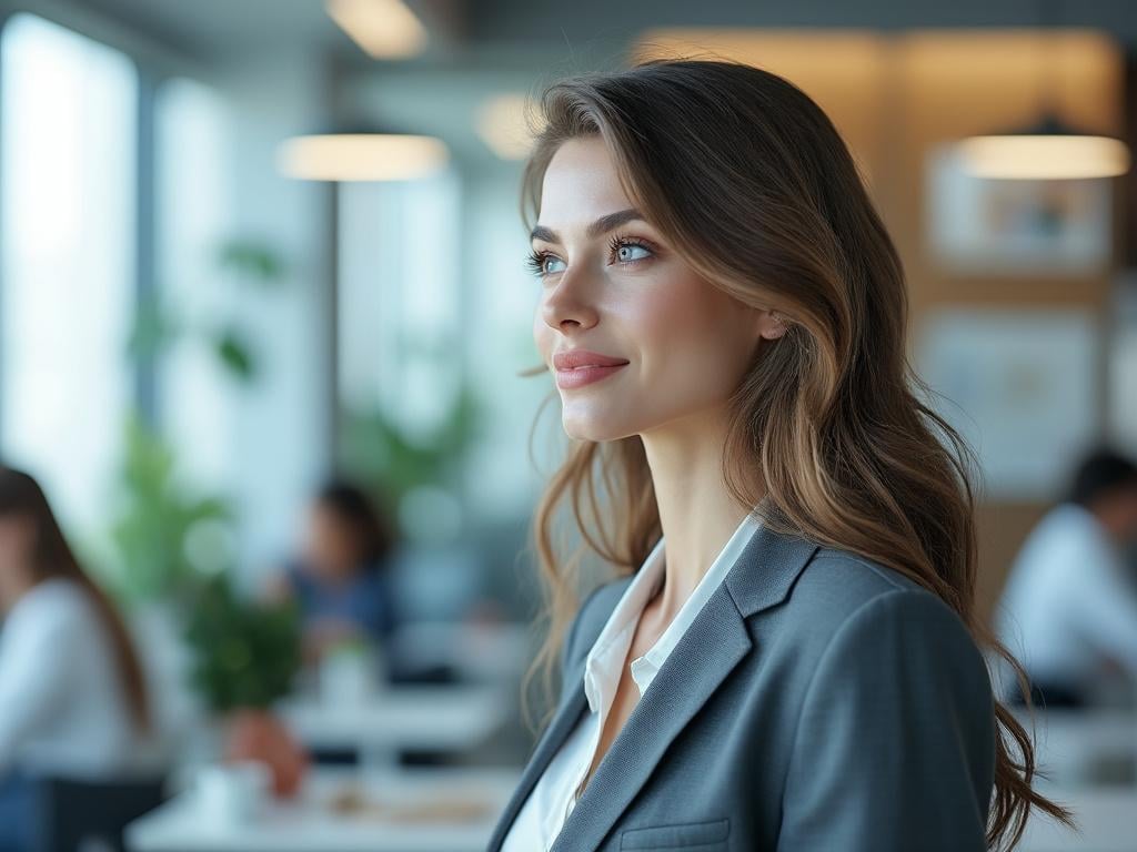 Professional woman smiling in modern office environment with natural lighting and blurred colleagues in background.
