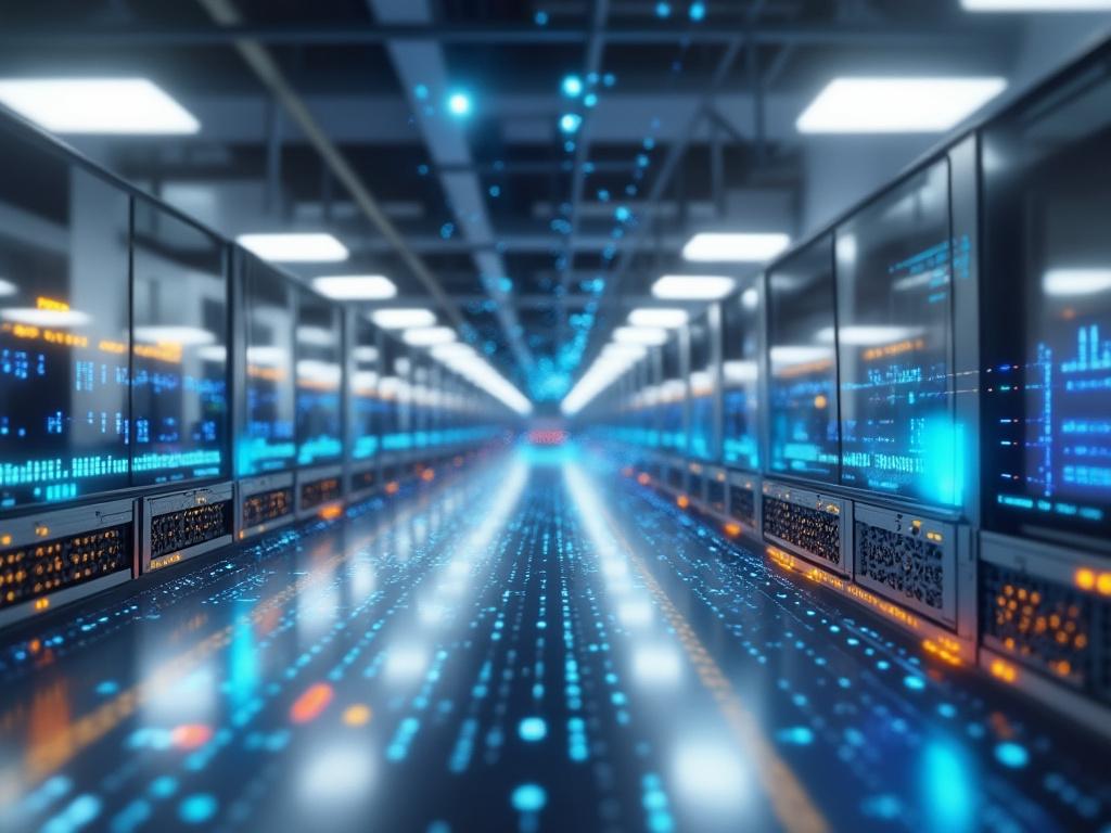 Futuristic server room with glowing blue and orange lights on racks and data streams.