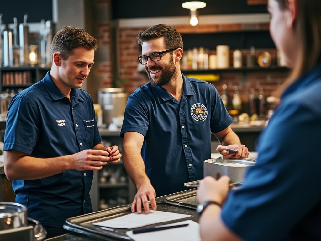 Group of baristas in blue uniforms discussing work in a modern coffee shop.