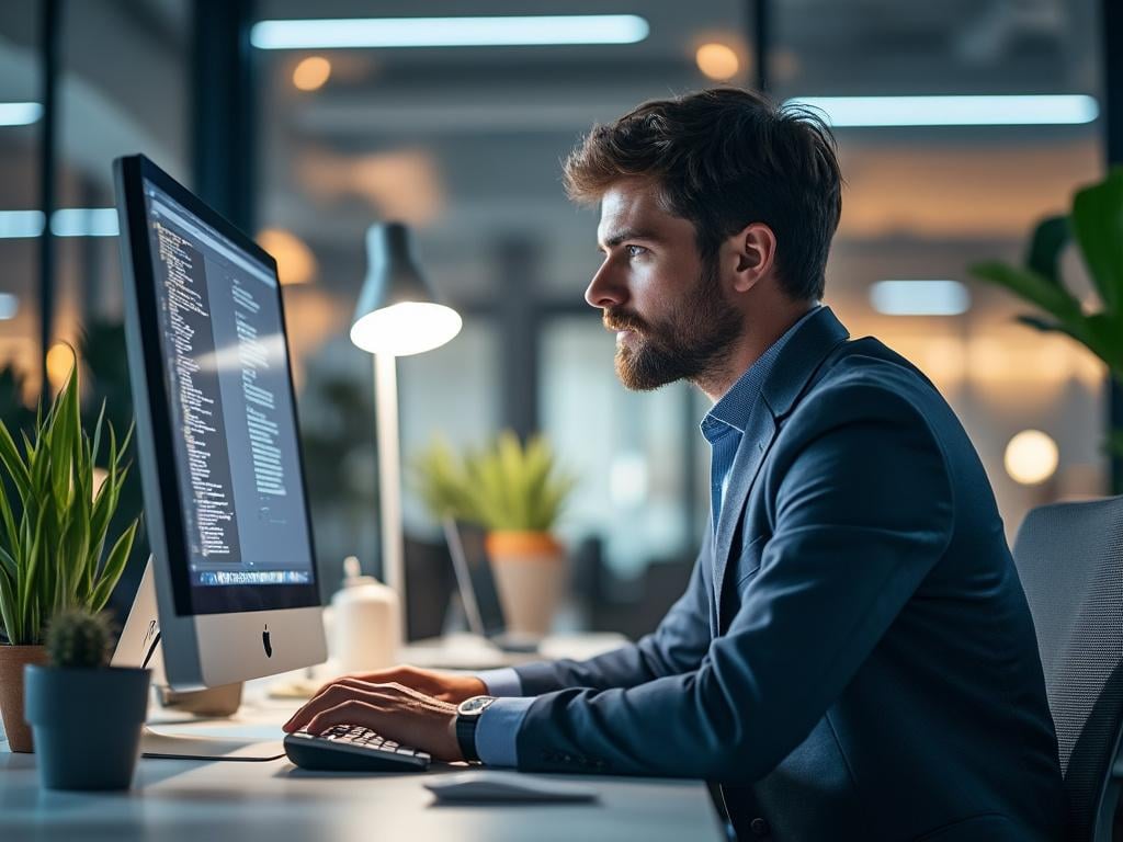 Man in a suit working on a desktop computer with code on the screen in a modern office.