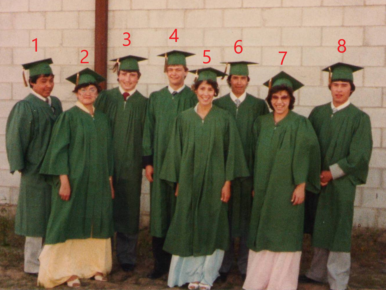 This year the Fort Vermilion public school graduation is Saturday May 31. Here we have some students who graduated from the same school - but a number of years ago (41 to be exact)! Can anyone help us put a name to these faces?
Fort Vermilion Public School / 2011.20.100
--EDIT--
1 Blair Auger 2 Wilma Judd 3 Bobby Rose 4 John West 5 Me Lorna Ferguson 6 Alan Smith 7 Charlene Mercredi
8 Kelly McLean
