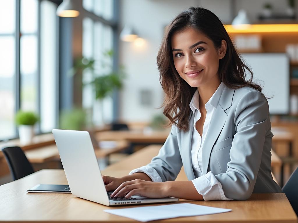 Woman in a business suit working on a laptop in a modern office environment.