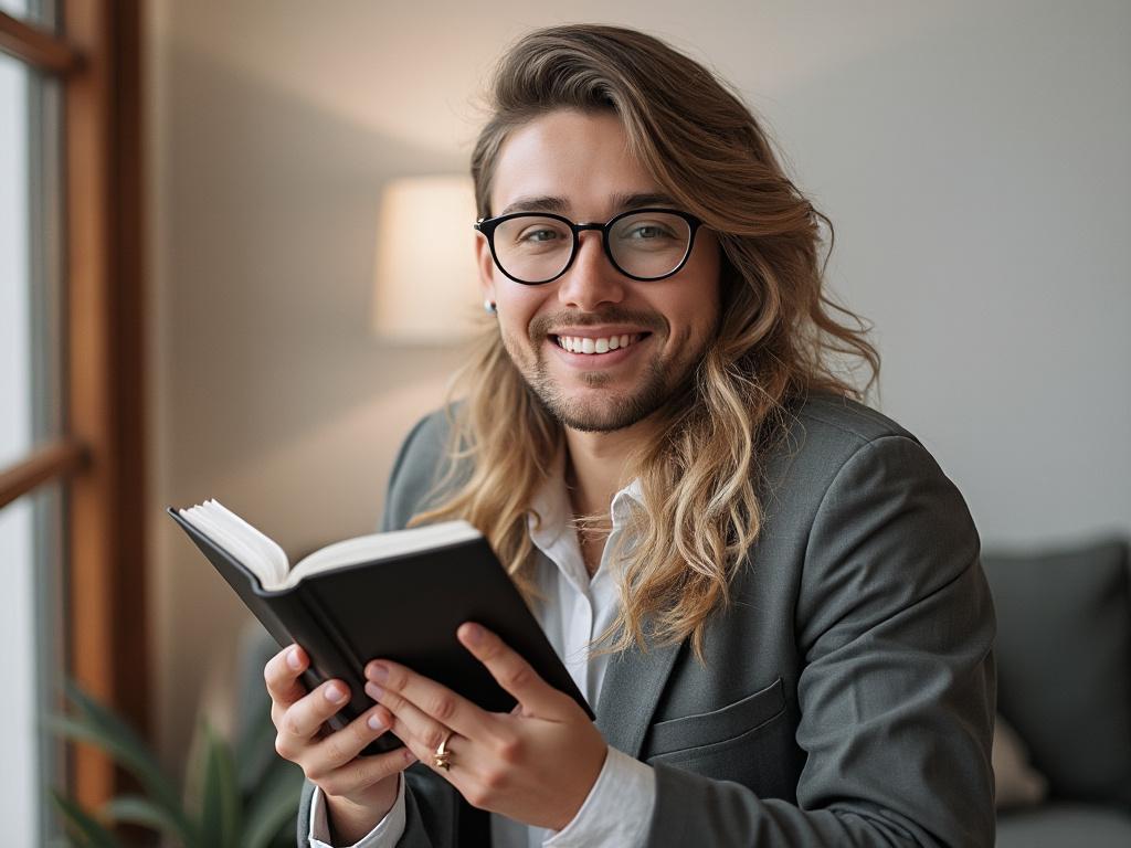 Homme souriant avec lunettes lisant un livre près d'une fenêtre, portant un costume gris.