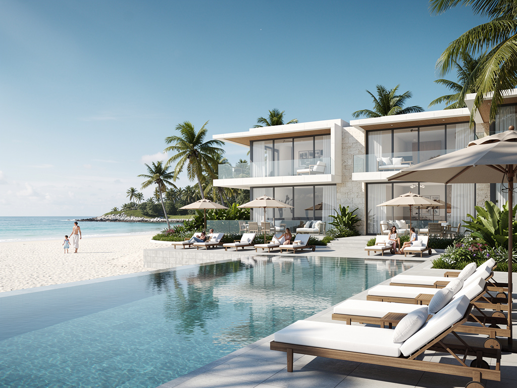 Luxury beachfront resort villa with infinity pool, lounge chairs, palm trees, and tropical ocean view