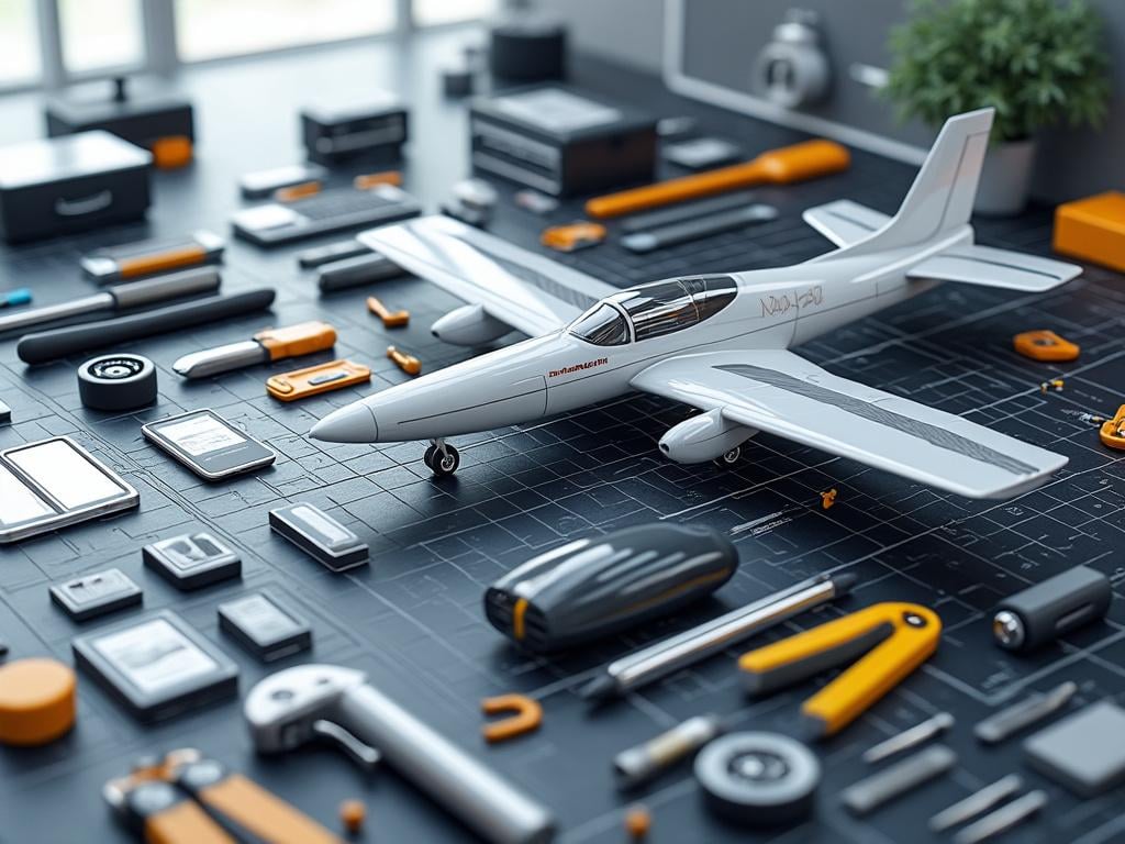 Model airplane surrounded by tools and electronic devices on a black grid surface, with a small plant in the background.