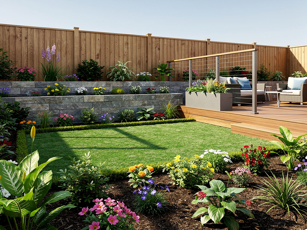 Jardín moderno con césped, flores coloridas, muro de piedra, terraza de madera y valla de privacidad