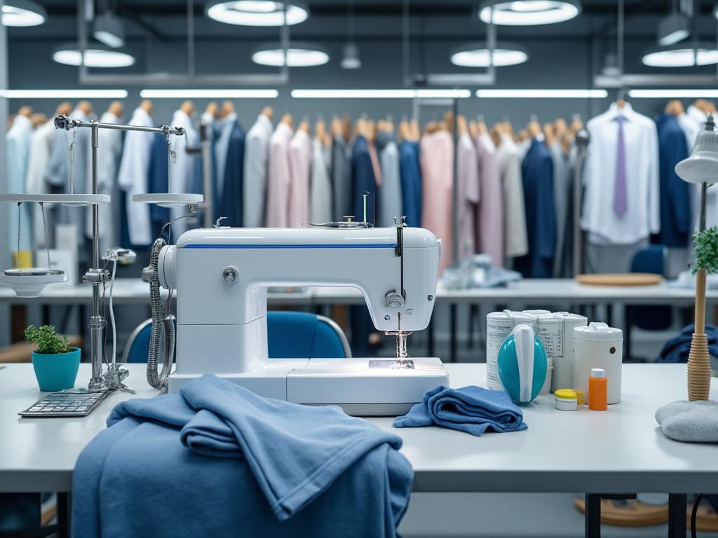 Modern sewing machine on a table with cloth materials, surrounded by various fabric care items and a blurred background of hanging suits and garments.
Modern sewing machine on a table with cloth materials, surrounded by various fabric care items and a blurred background of hanging suits and garments.