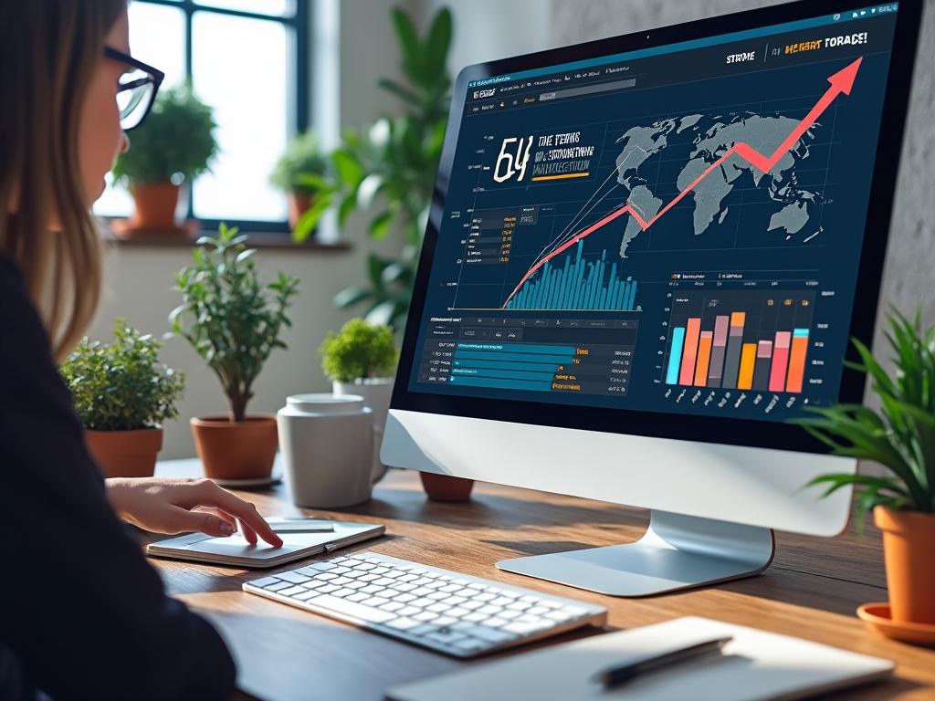 Person analyzing financial data charts on a computer with potted plants in the background