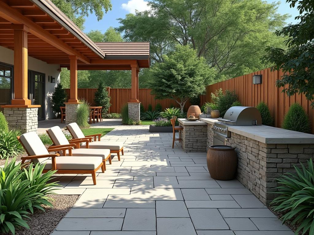 Modern outdoor patio with stone flooring, wooden pergola, lounge chairs, barbecue grill, and lush greenery.