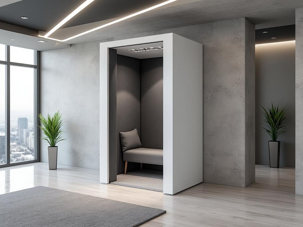 Cabina acústica moderna en oficina con asiento interior, iluminación LED, plantas decorativas y ventanales panorámicos