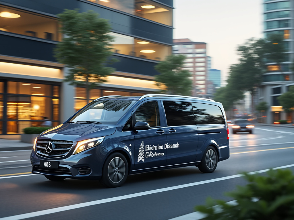 Dark blue Mercedes-Benz passenger van driving through a modern city street at dusk