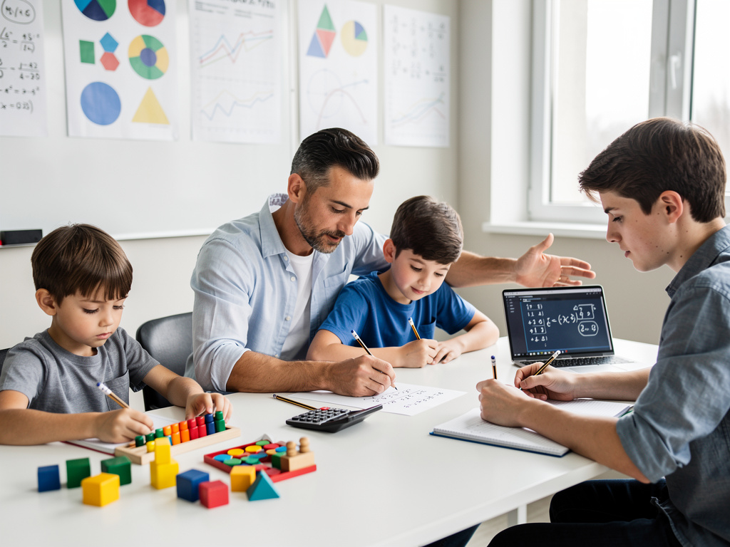 Math tutor teaching children with worksheets, calculator, laptop, and colorful learning blocks in a classroom